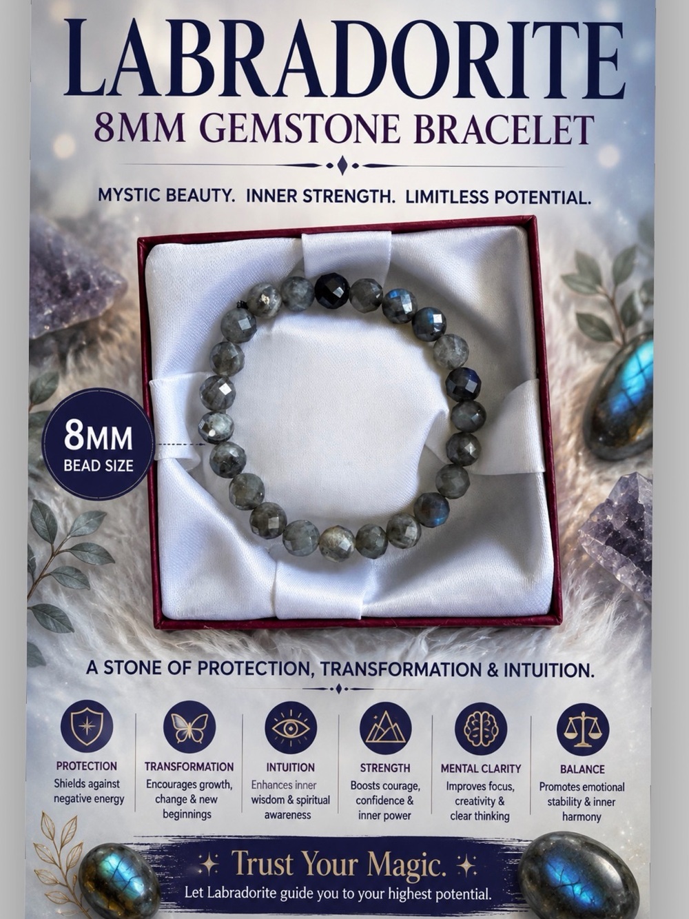 Labradorite 8mm Gemstone Bracelet - Iridescent Gray Beads
